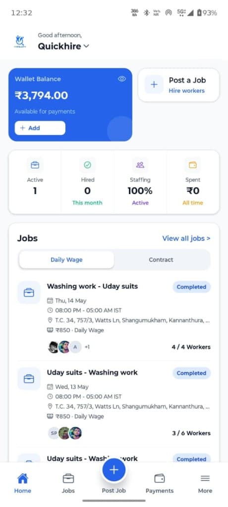 Employer home dashboard with wallet, job stats, and posted shifts