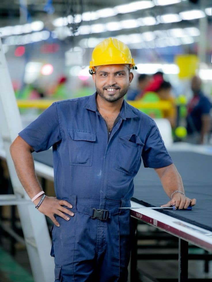 Factory worker in safety gear on a production shift