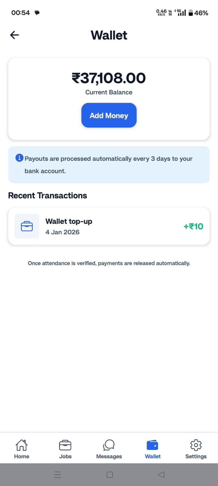 Hirearn wallet screen showing balance and automatic payouts